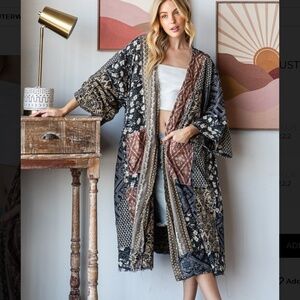 Oli & Hali Patchwork Kimono Duster in Black, Brown, Cream